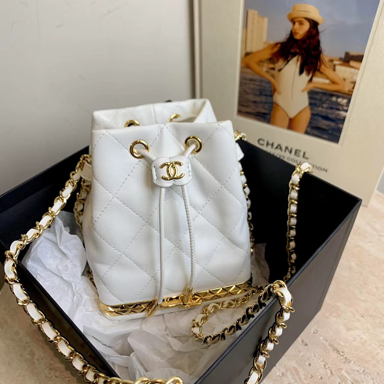 99新 Chanel/香奈儿 壹臻/99新白金抽绳mini小水桶包59240359