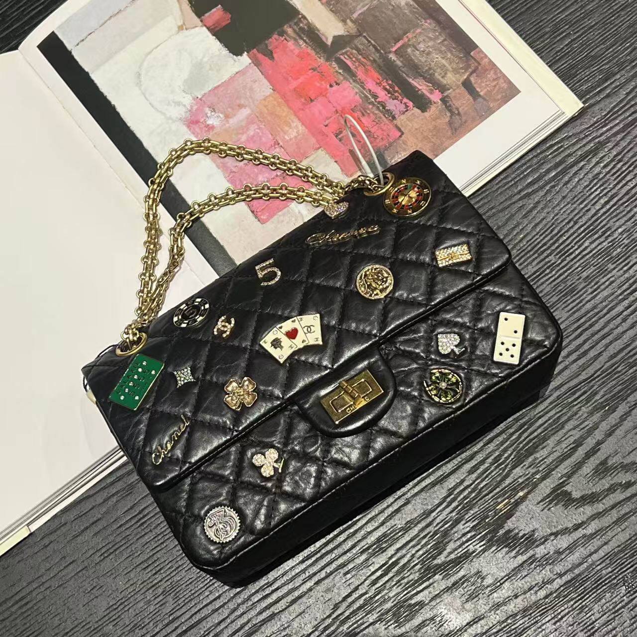 95新 Chanel/香奈儿 舍得 Chanel 黑金2.55徽章链条包