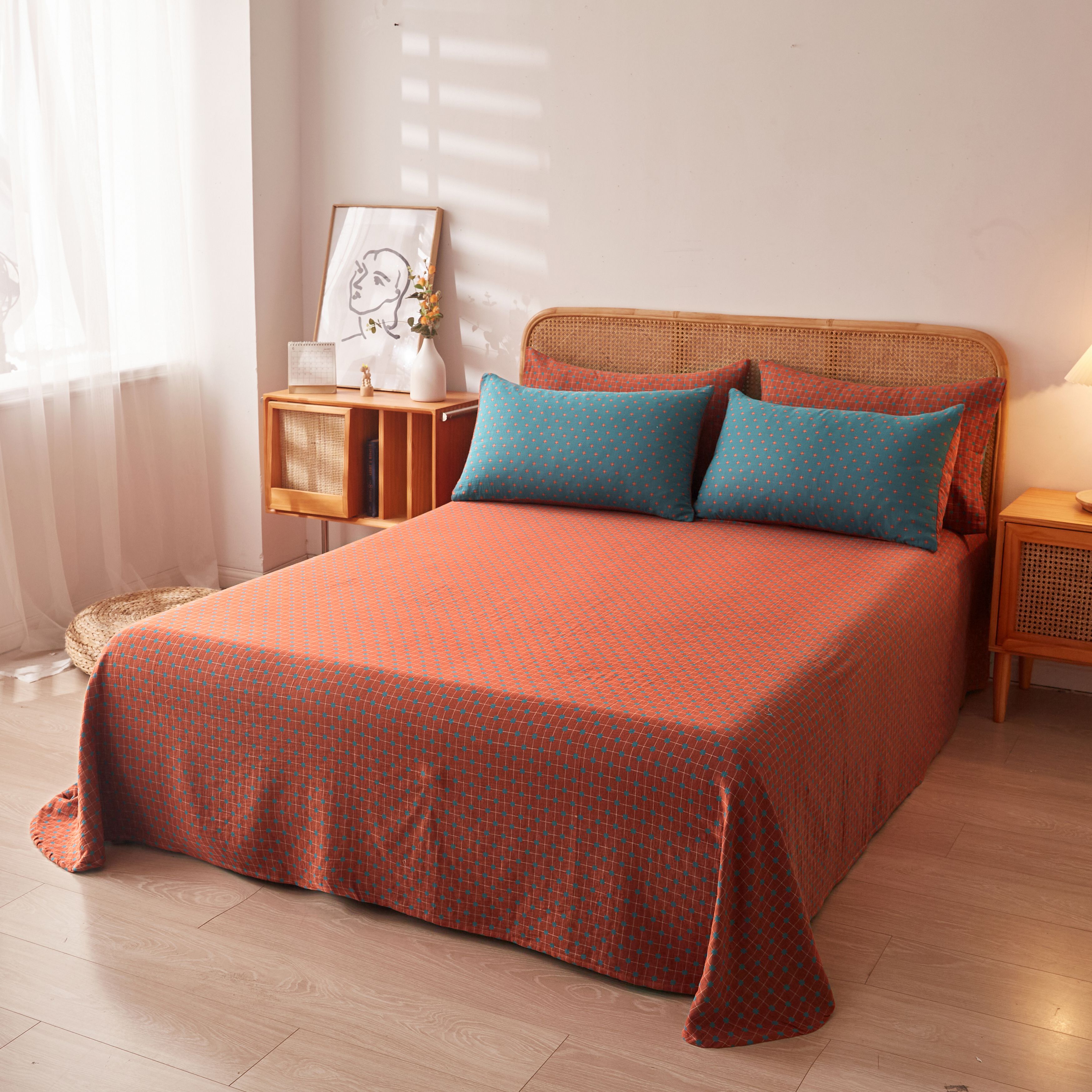 万福-全棉双层纱单床单红色炕单A类母婴级被单透气亲肤舒适