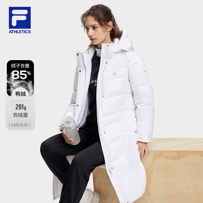 FILA斐乐女装长羽绒服2023秋冬新款运动时尚保暖防风防水连帽外套