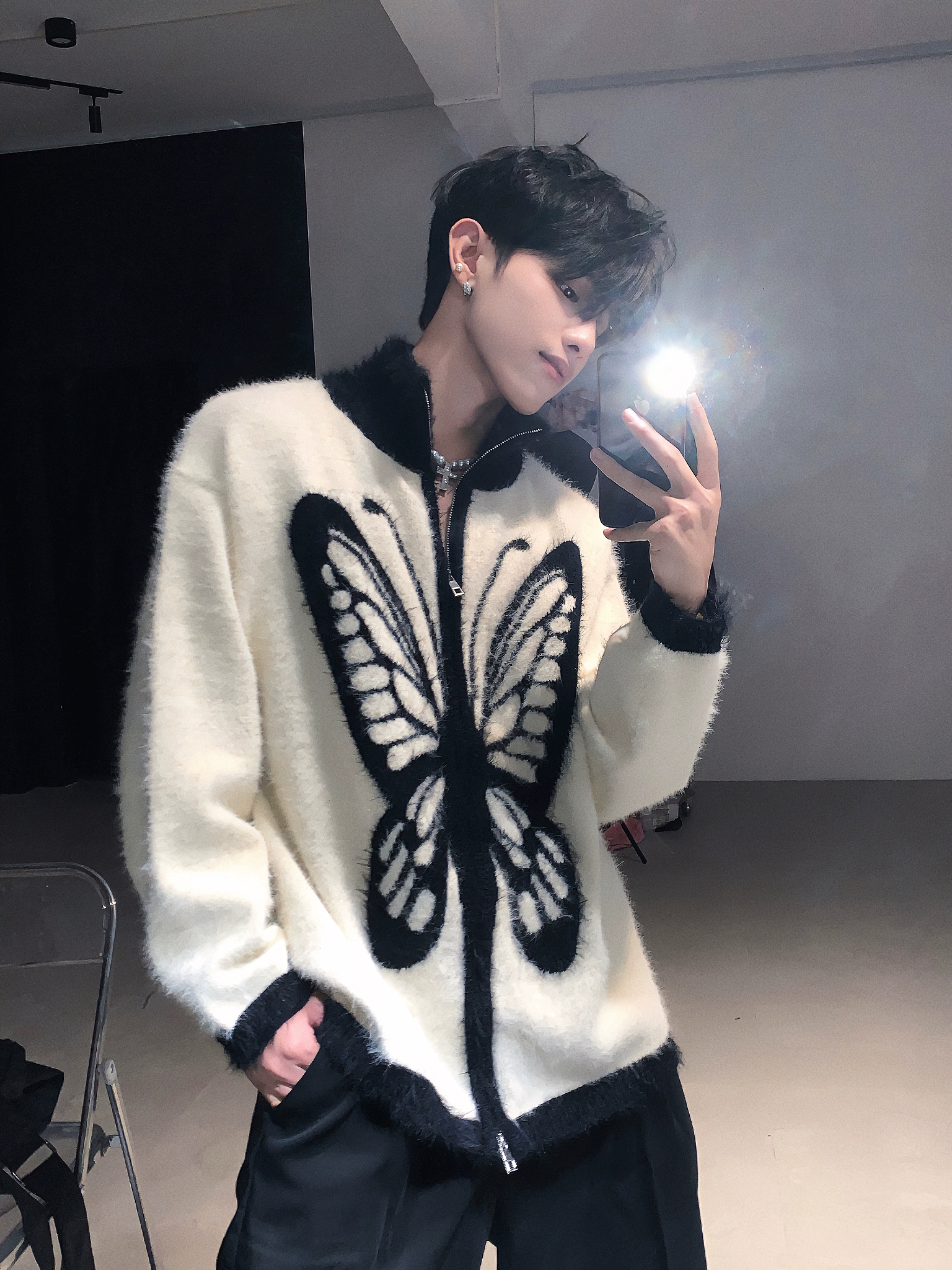 美式复古高级感蝴蝶设计潮流时尚开衫毛衣男女款慵懒风针织外套潮