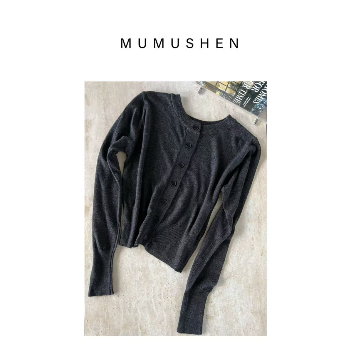 MUMUSHEN 秋极简纯色刺绣标针织毛衣开衫