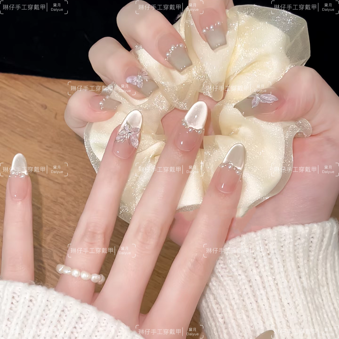 双飞蝶纯手工光疗美甲贴果冻贴片指甲穿戴甲简约梯形重复使用