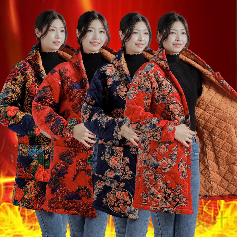 加绒加厚罩衣棉服四川省服女士大码保暖中长款棉衣冬季连帽工作服