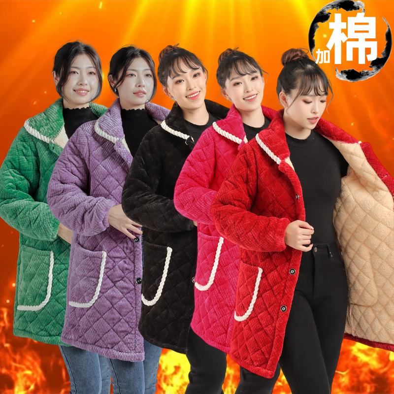 新款秋冬加绒加厚省服罩衣女中长款大码棉服连帽棉衣外穿护衣长袖