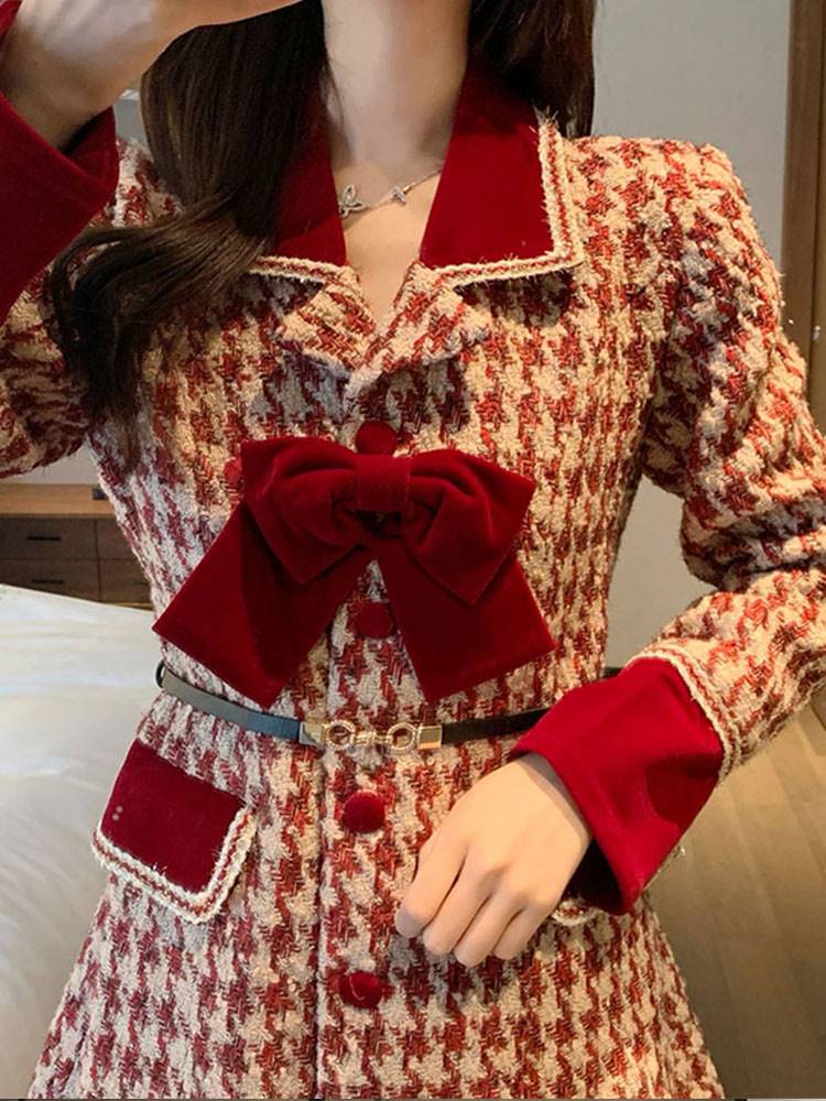 新疆西藏包邮秋冬女装高级感气质红色订婚生日礼服千金小香风针织