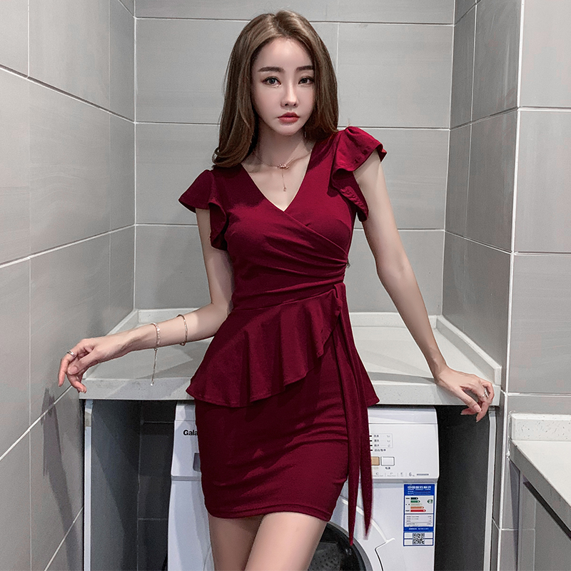显身材女人味性感包臀裙女荷叶边绑带收腰显瘦修身紧身V领连衣裙