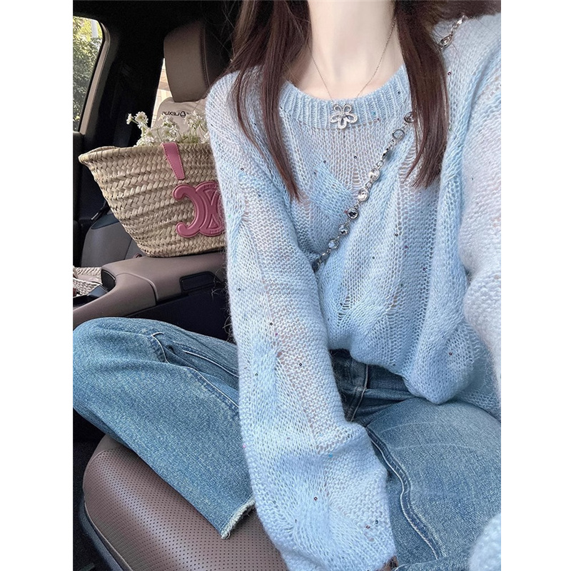 美拉蓝镂空长袖马海毛毛衣针织女2025新款早秋季冷淡系高级感上衣