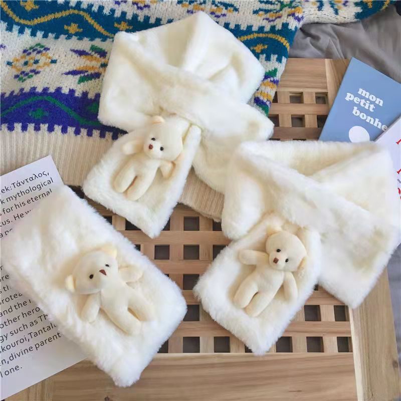 韩版小熊毛绒暖手围巾女学生可爱保暖卡通护颈围脖小仙女气质围巾