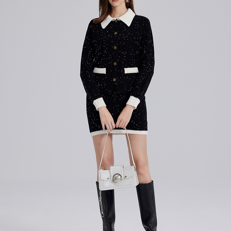 经典黑白撞色亮片小香风针织半裙D14140012黑色翻领短款长袖女装