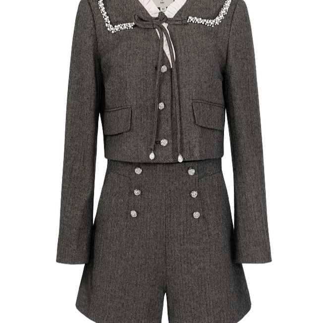 条纹钉珠系带粗花呢小香风两件套套装613370005