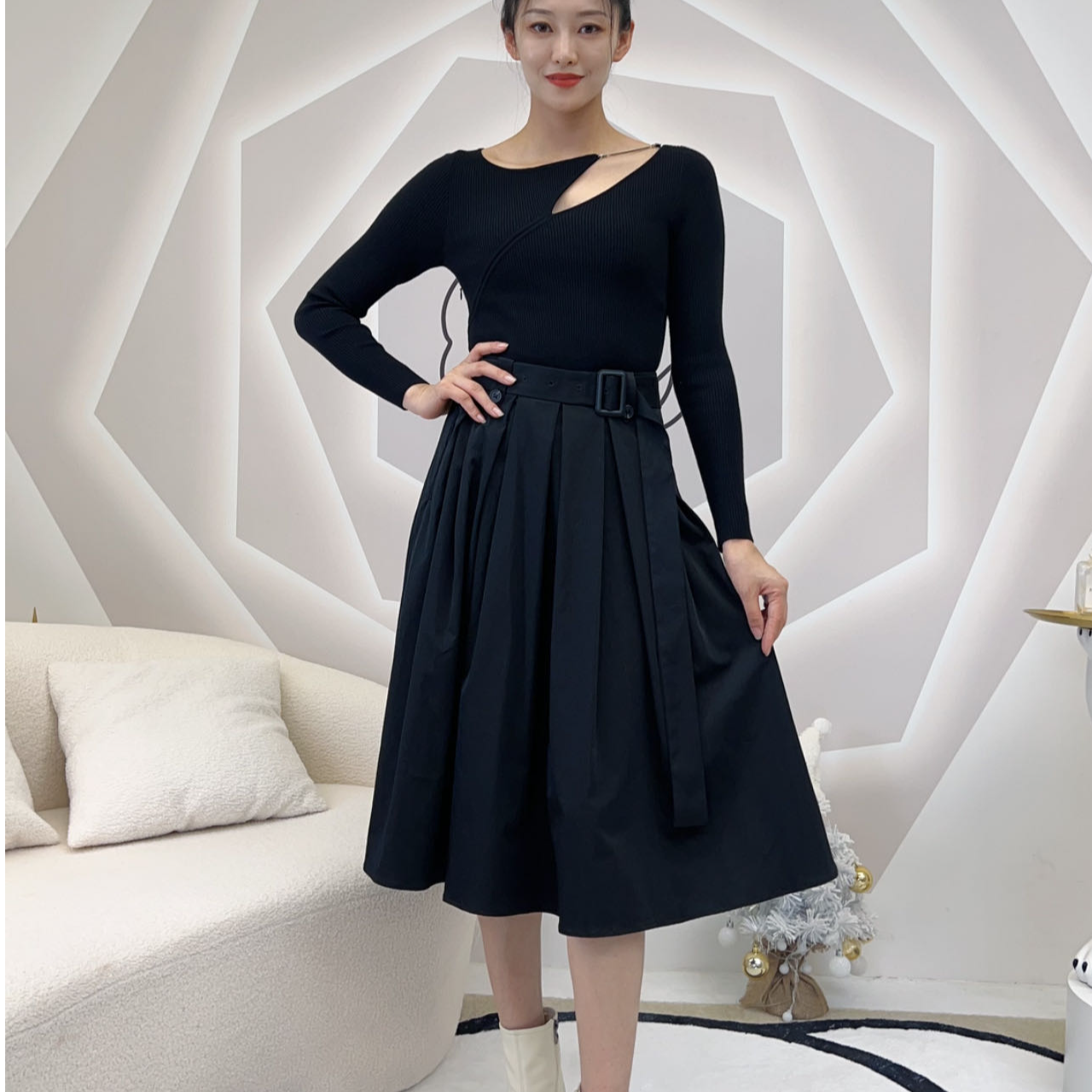 长袖镂空复古收腰高腰针织拼接气质连衣裙显瘦长裙613350008