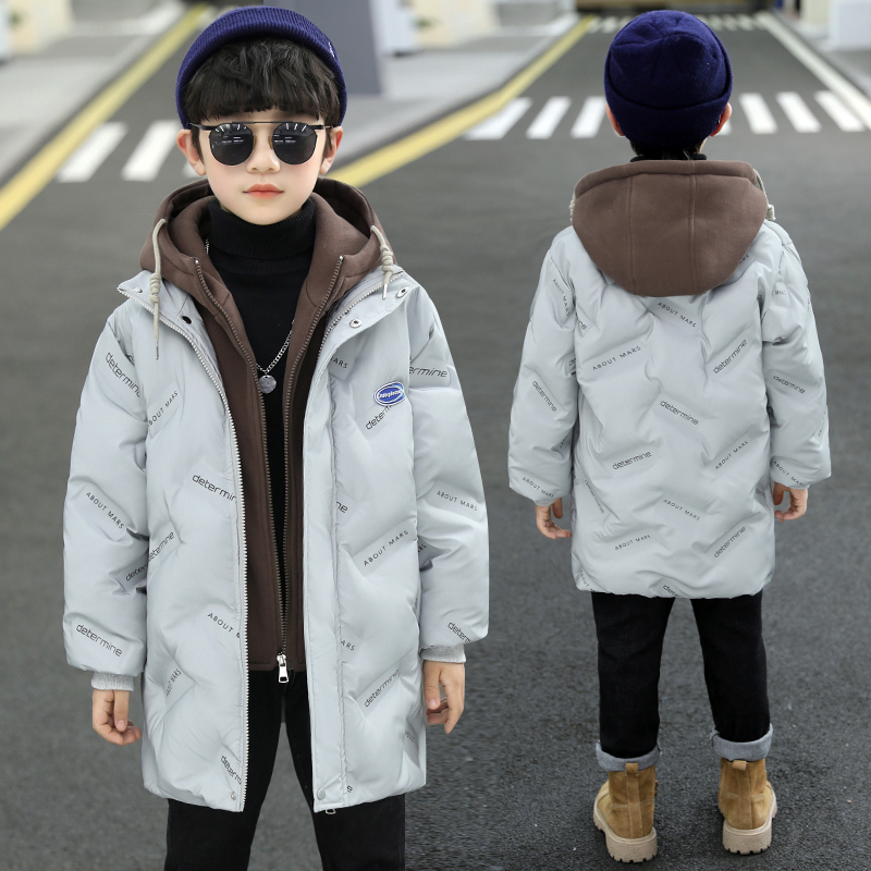 男童深秋冬季保暖中长版连帽男孩洋气假两件压花韩版时尚潮厚棉衣