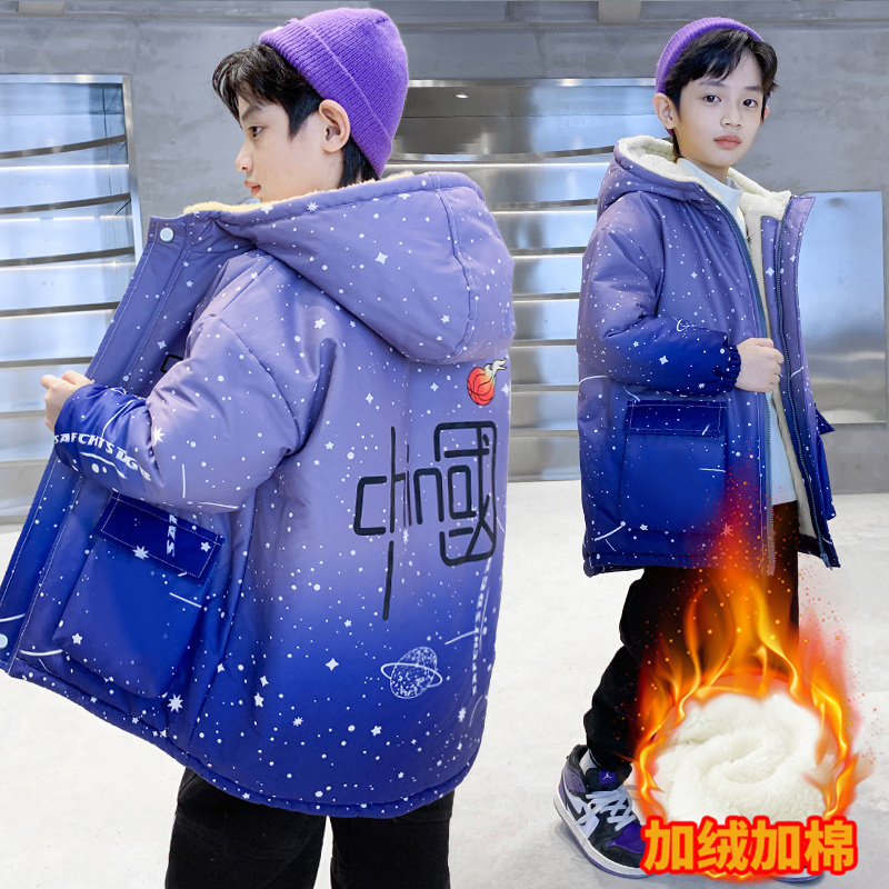 男童冬季外套2024年新款洋气中大童连帽儿童加绒男孩加厚韩版风衣