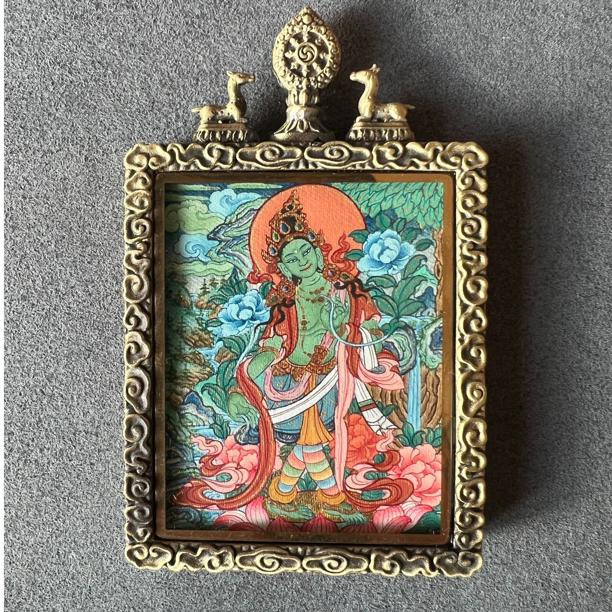 纯手绘藏卡 绿度母全身像 色彩丰富 人物刻画逼真收藏款 