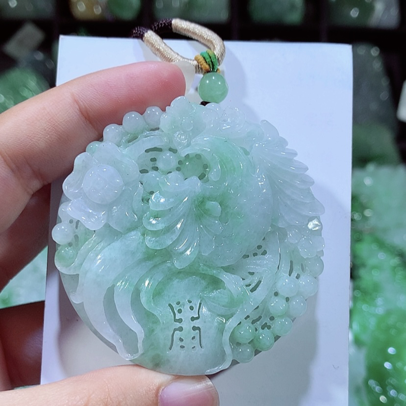 缅甸天然A货翡翠飘绿凤穿牡丹凤凰吊坠