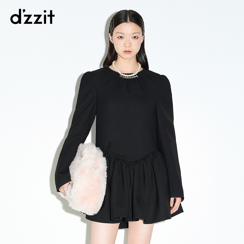 【陈大可专属】dzzit地素时尚气质黑色圆领长袖连衣裙女小黑裙3E1O6