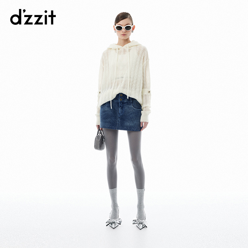 dzzit地素长袖针织衫春秋摩登绞花镂空可拆袖口连帽上衣3I3E414