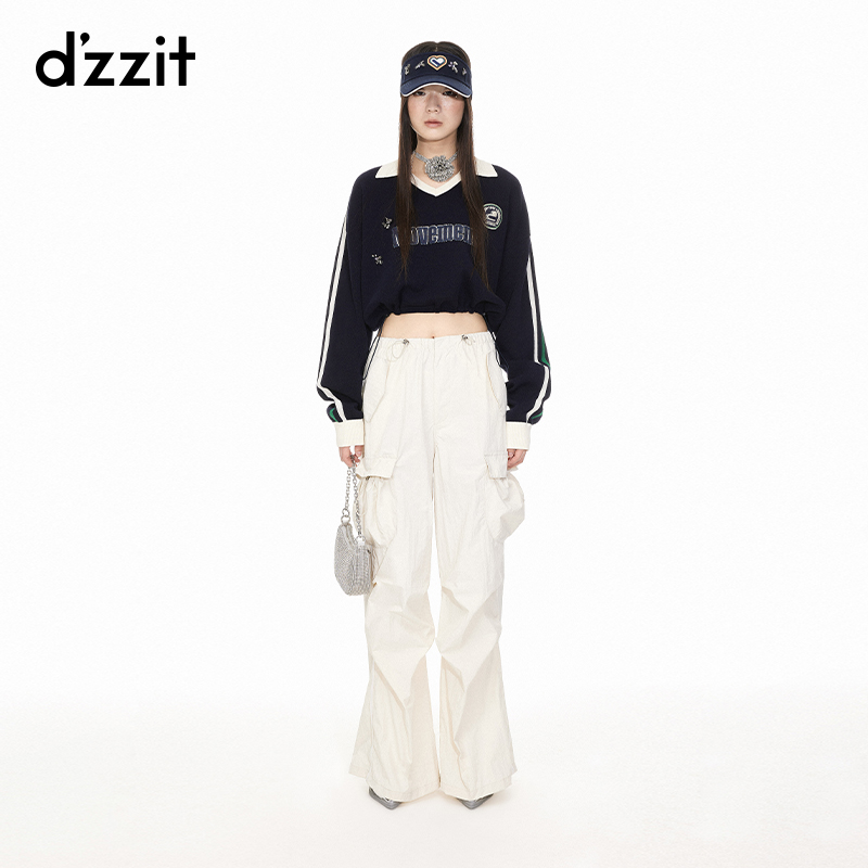 0049dzzit地素针织套衫春秋美式复古下摆抽绳调节上衣女3I1E427