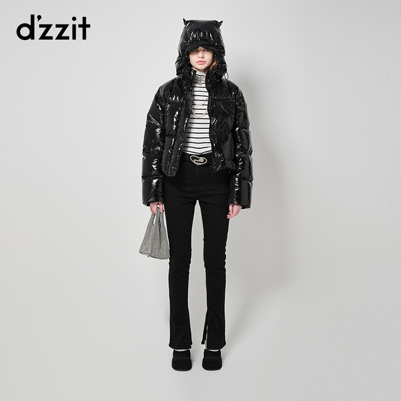 dzzit地素薄绒牛仔打底裤秋冬休闲黑色开叉修身长裤女3H4R507