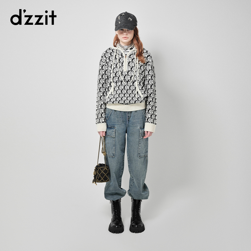 396【专属】dzzit地素提花套头针织衫连帽拉链长袖上衣女3H4E