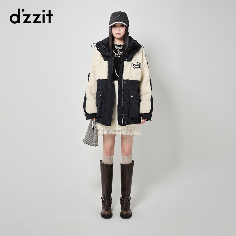 dzzit地素中长款拼色羽绒服冬季学院风连帽大口袋外套女3H4K340
