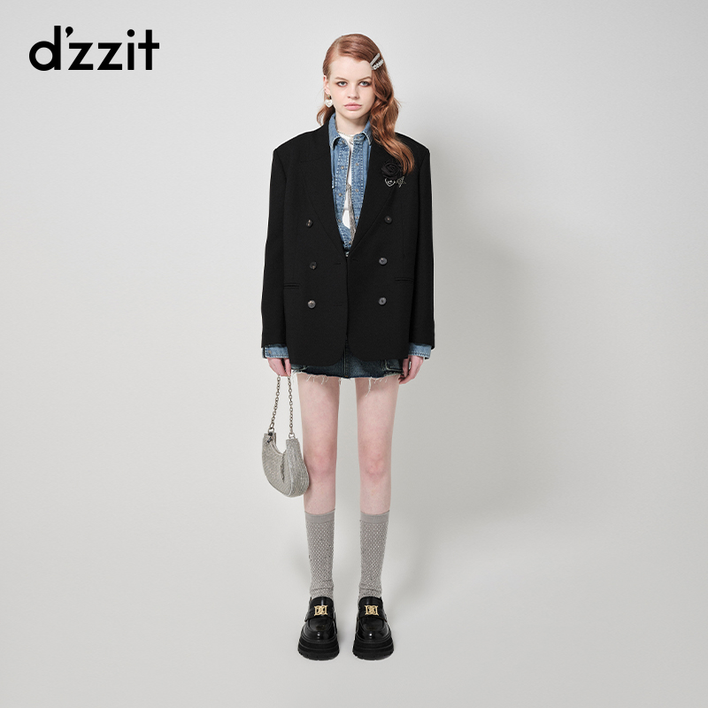 0152dzzit地素西装外套秋冬通勤黑色立体花朵胸针设计女3H4F509