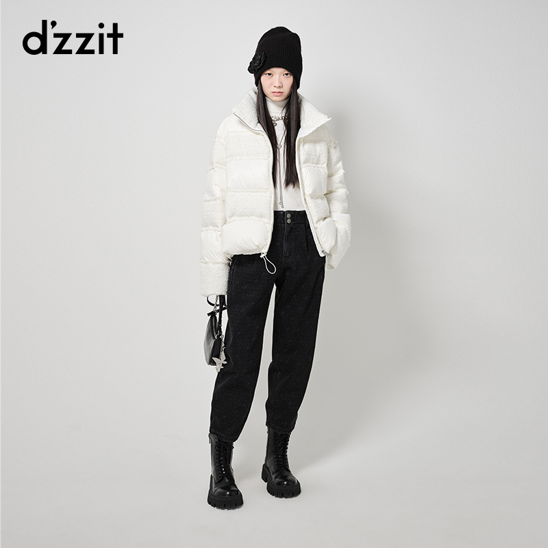 【陈嘉尔专属】dzzit地素粗花呢拼接羽绒服小香风翻领短外套女3I1K2