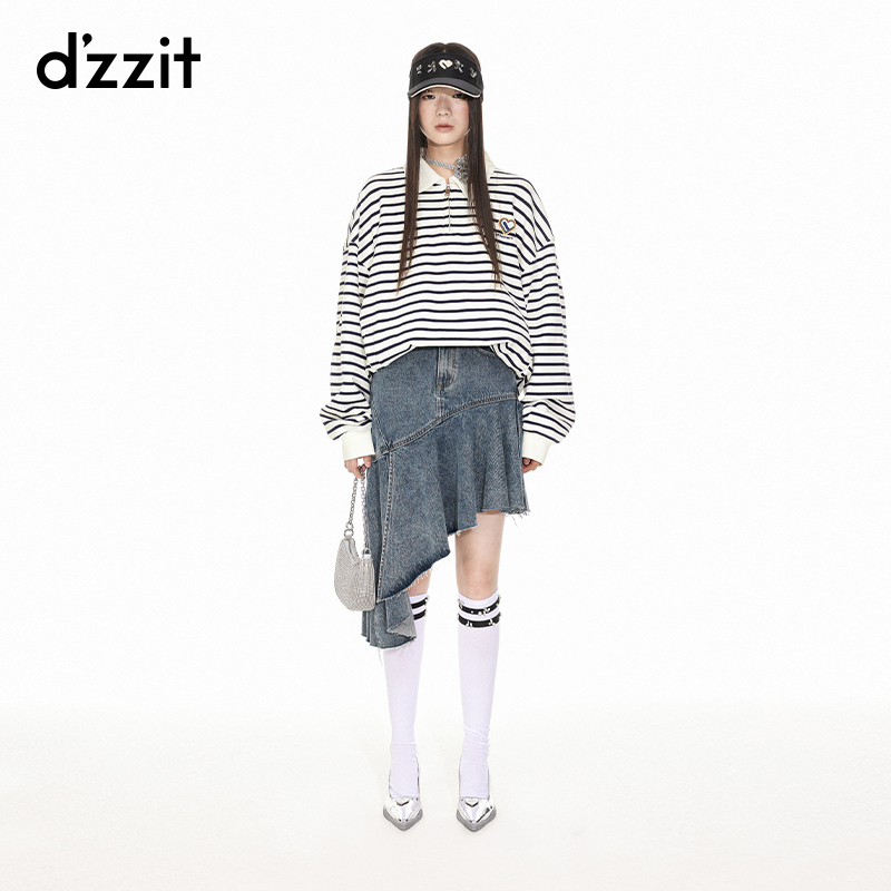 424【专属】dzzit地素条纹套头卫衣春秋复古休闲翻领宽松上衣女