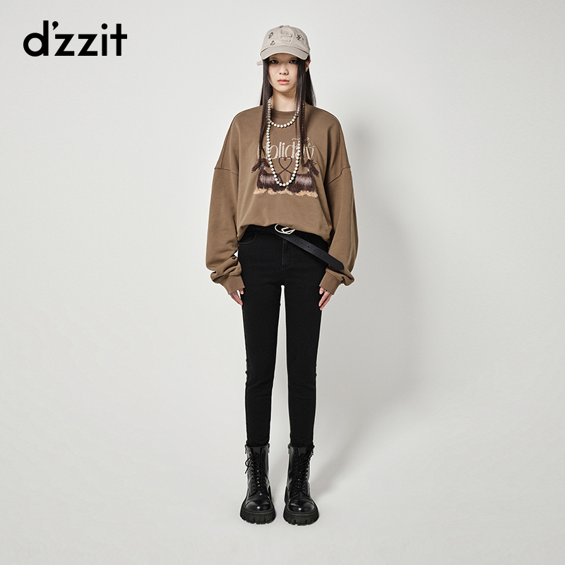 621【专属】dzzit地素牛仔打底裤秋冬黑色高腰纽扣小脚裤女3H4R704