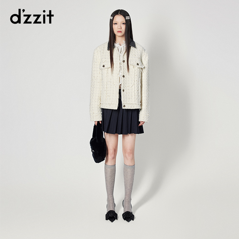 0116dzzit地素拼接棉服秋冬小香气质粗花呢白色短款外套女3H4H272