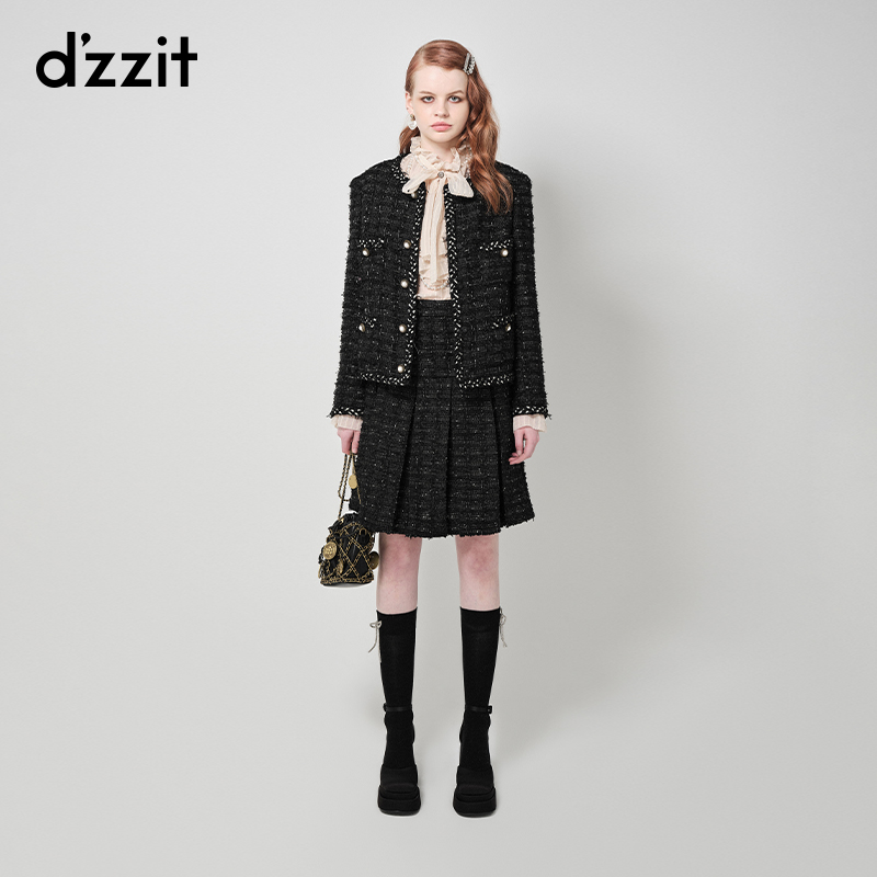 dzzit地素黑色粗花呢短棉服冬季小香风毛边设计外套女3H4H206