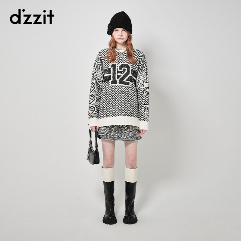 257【陈嘉尔专属】dzzit地素套头提花针织春秋运动宽松圆领毛衣女