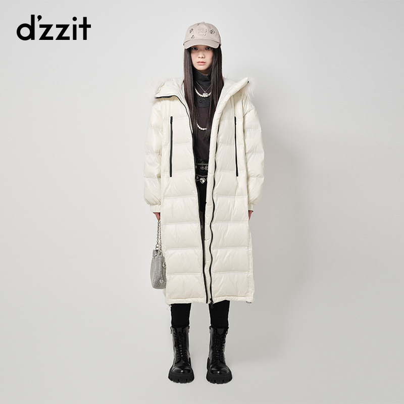 dzzit地素毛领长款羽绒服气质休闲白色连帽下摆抽绳外套女3H4K404