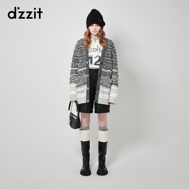 0088dzzit地素提花针织衫外套春秋拼色设计感毛衣开衫3I1E502