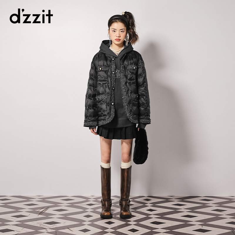 dzzit地素小香风羽绒服秋冬通勤气质圆领薄拼接外套女3H4K204