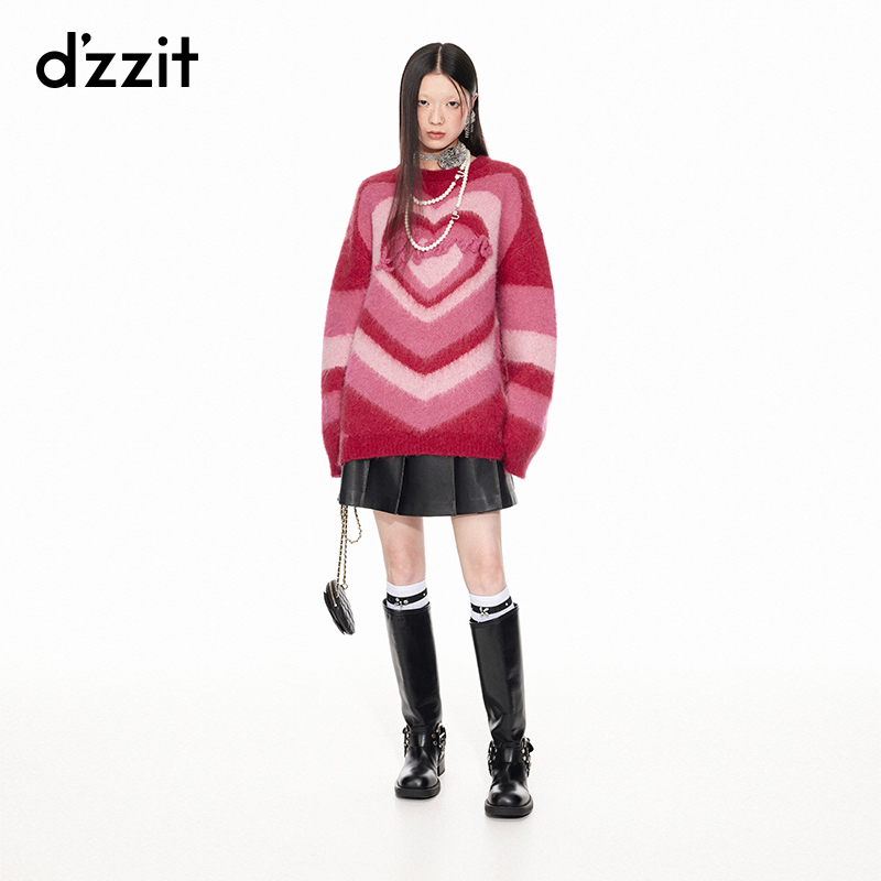 619【专属】dzzit地素针织衫春秋慵懒风宽松爱心提花毛衣女3I1E461