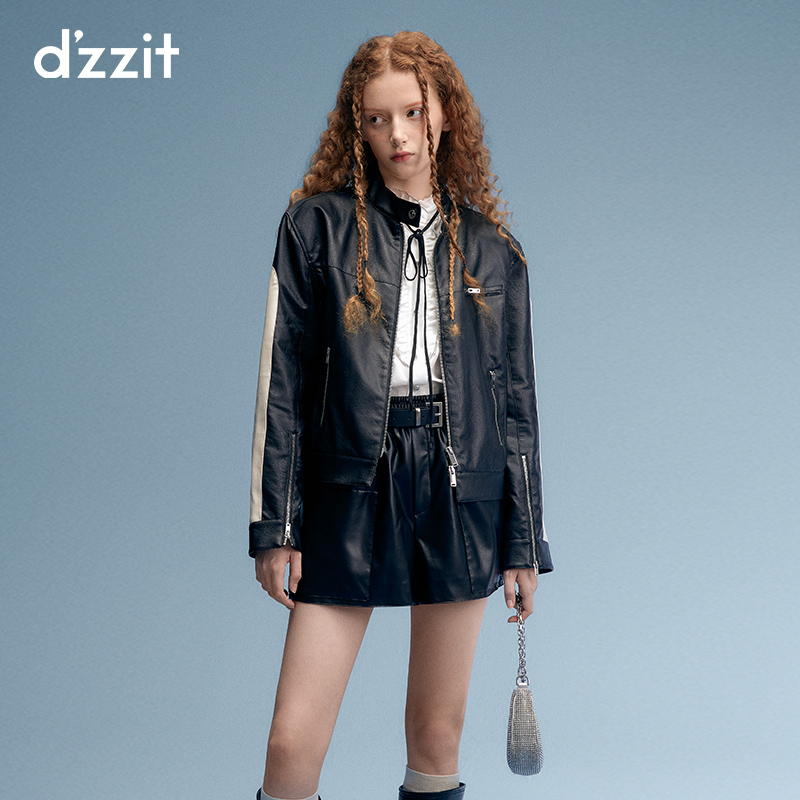 467【陈大可专属】dzzit地素环保皮拼色外套春秋甜酷女潮流黑色外套