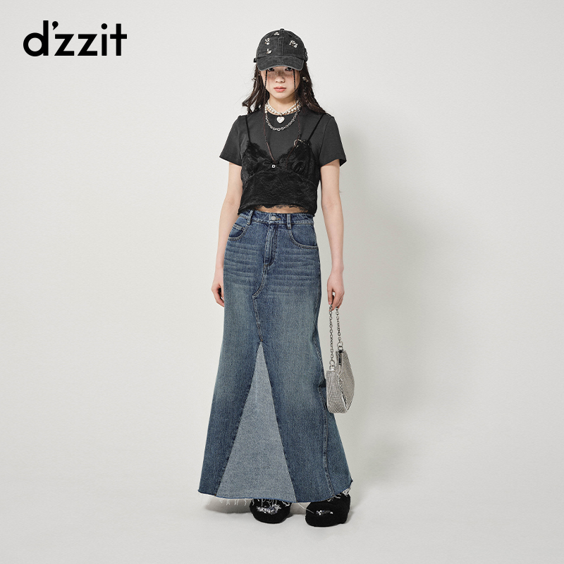 dzzit地素牛仔拼接长裙春秋别致设计开叉半裙女3H3RI061S