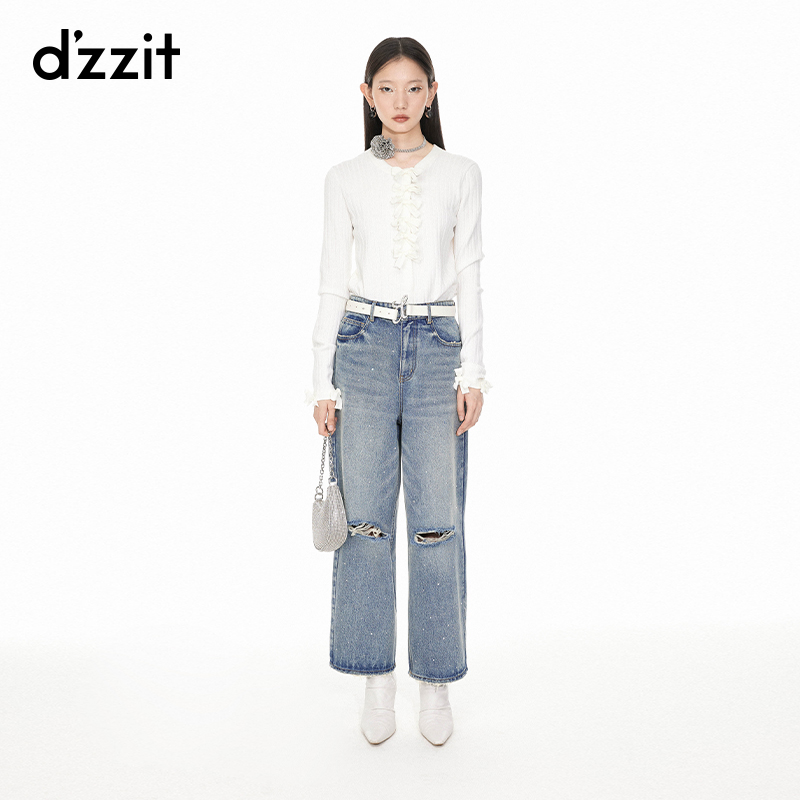 436【专属】dzzit地素针织衫春秋蝴蝶结白色修身开衫上衣女