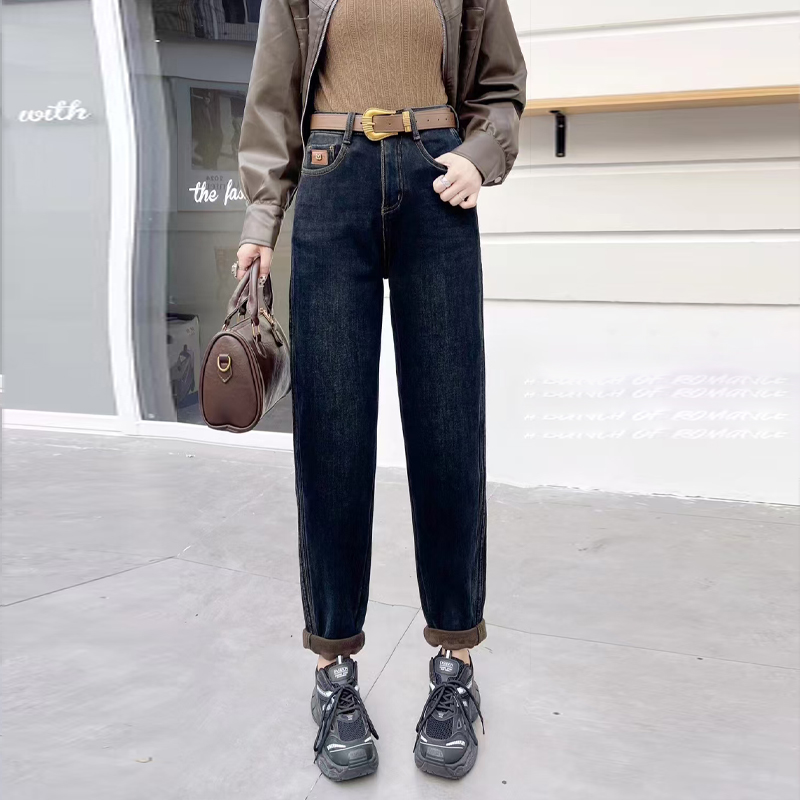 【加长加绒】加绒高腰牛仔裤女显瘦老爹裤2025新款萝卜宽松哈伦裤女