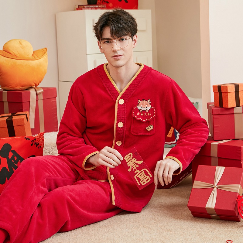 芬腾 冬季玉兔绒红色喜庆男士睡衣家居服套装