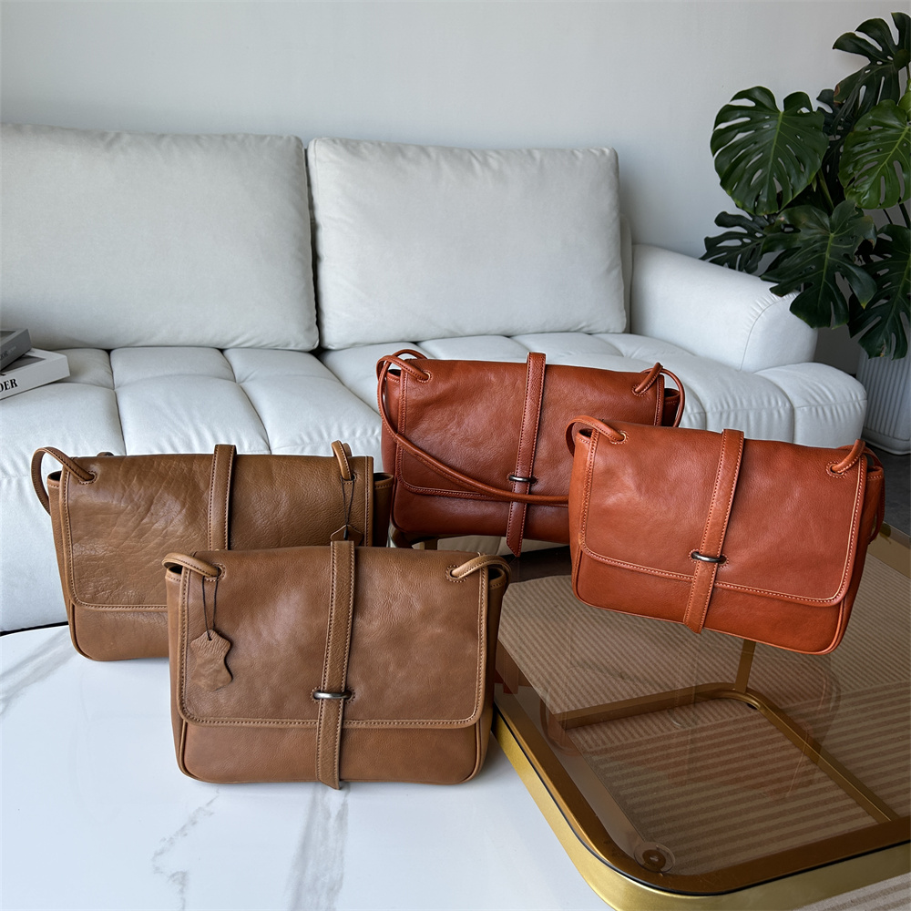 水染植鞣牛皮邮差翻盖单肩斜挎双肩带女包小众复古高级感优雅简约