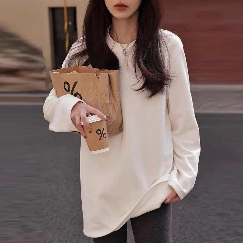 2024年新款超厚加绒白T女中长款显瘦圆领纯色气质百搭打底上衣