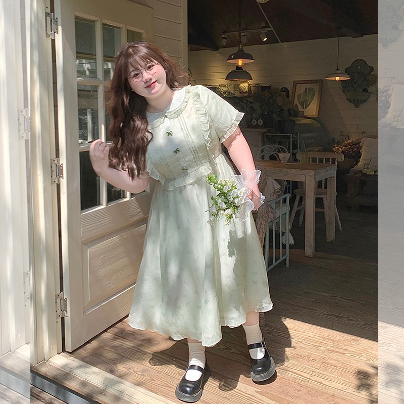 【LT STUDIO辣条大码】莫奈花园风娃娃领减龄显瘦连衣裙