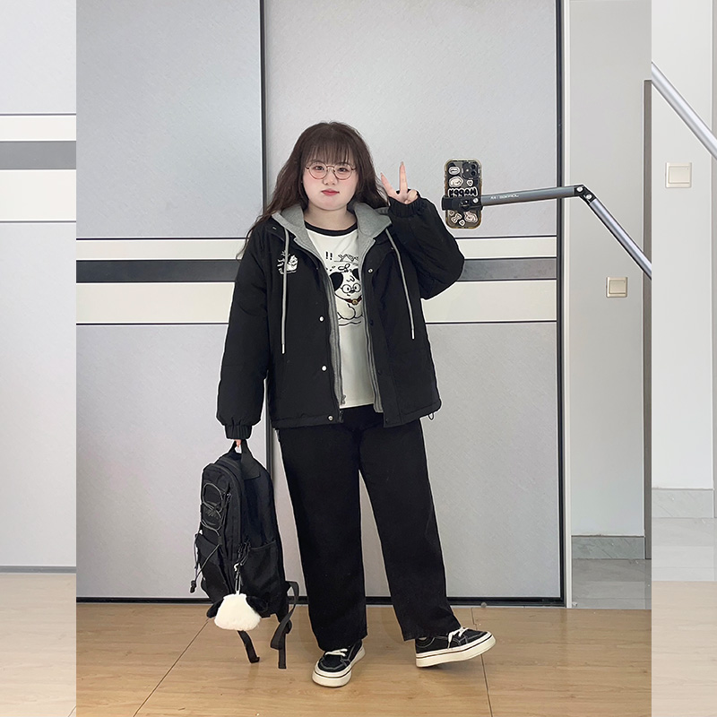 【 LT STUDIO辣条大码】假两件撞色拼接连帽休闲短款保暖棉服长袖T