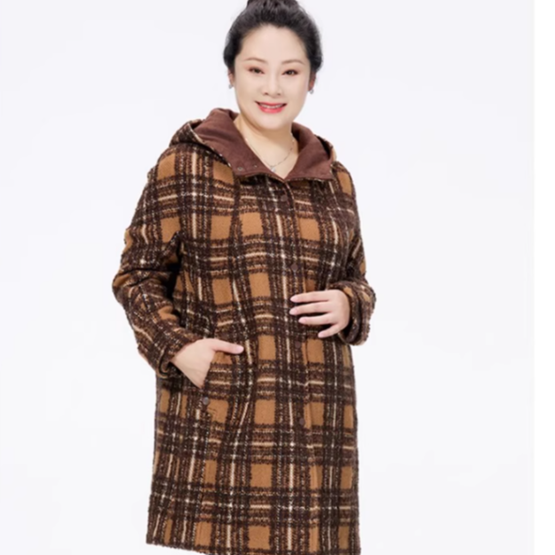 胖太太大码女装秋冬新款格子图案连帽外套大衣中年823307510