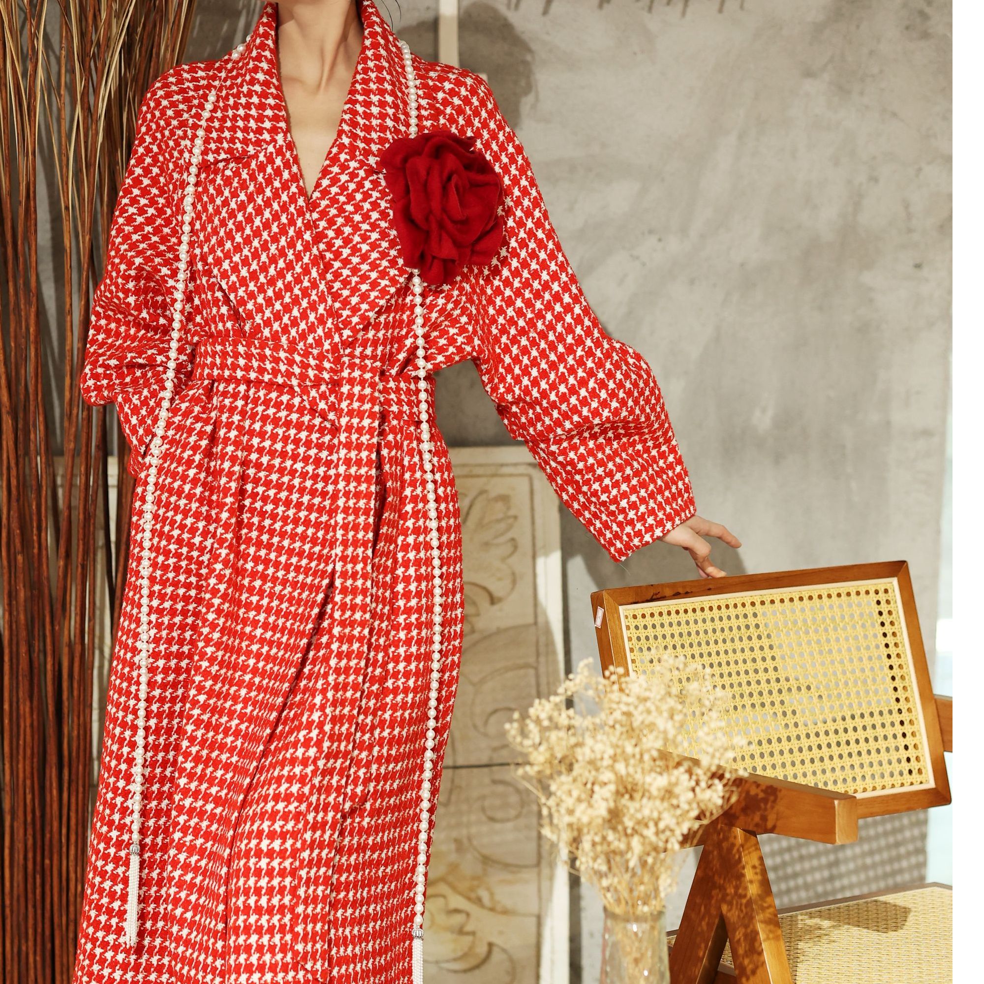 【李小姐】秋冬时尚高定中长款千鸟格纹气质韩版宽松女系带外套大衣