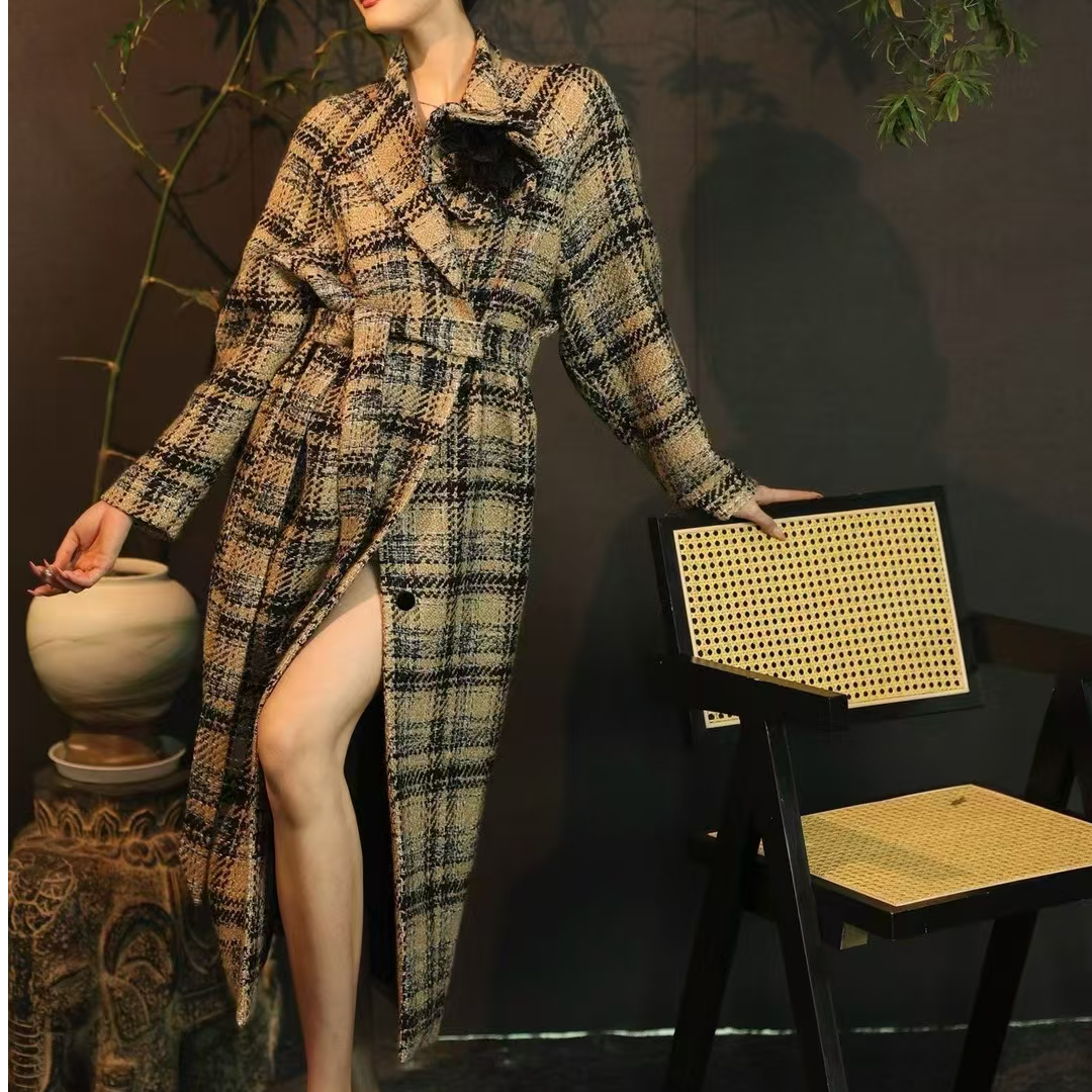 重工高定格纹毛呢大衣气质时尚复古中长款格子经典秋冬千鸟格