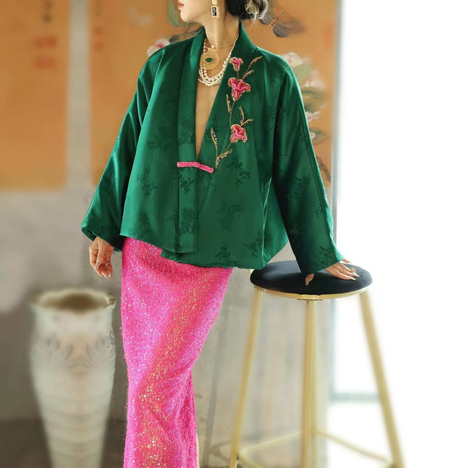 【李小姐】秋冬设计师订制民族风重工钉珠花朵复古国风上衣裤子套装